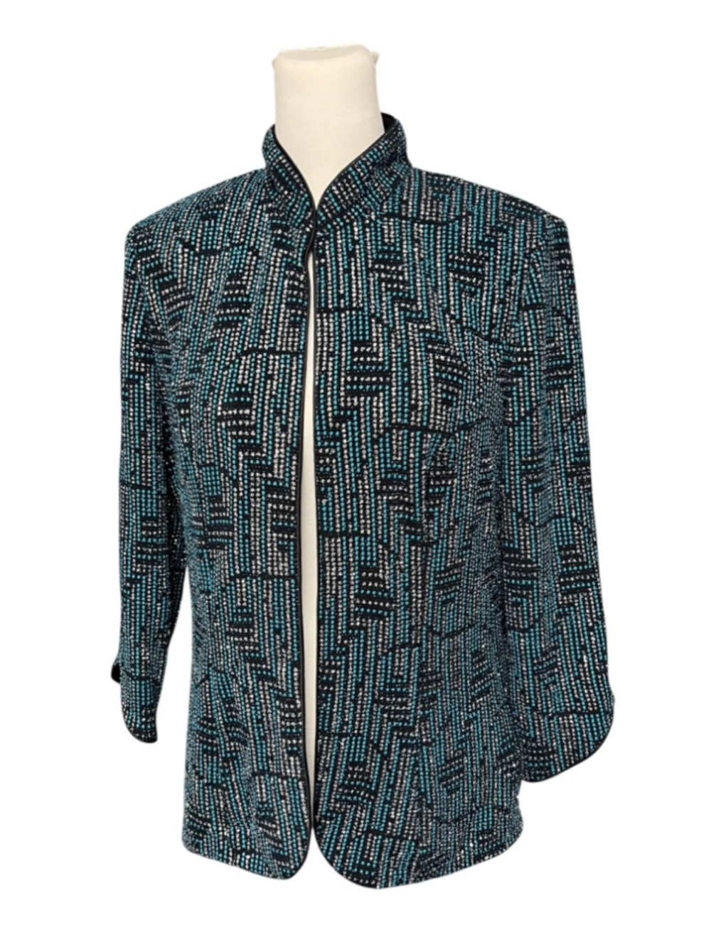 Alex Evenings Teal Black Sparkle 3/4 Sleeve Mandarin Collar Jacket Size Small